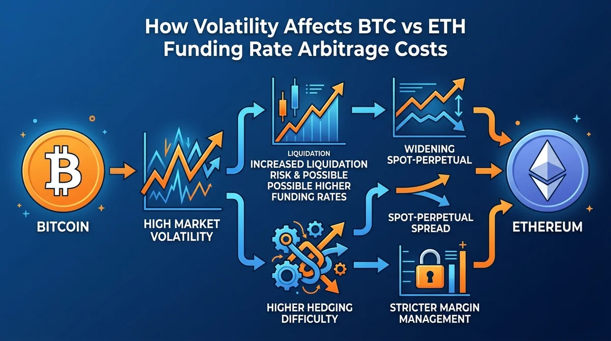 Wide 16:9 horizontal infographic, flow diagram showing high volatility leading to possible higher funding rates and increased