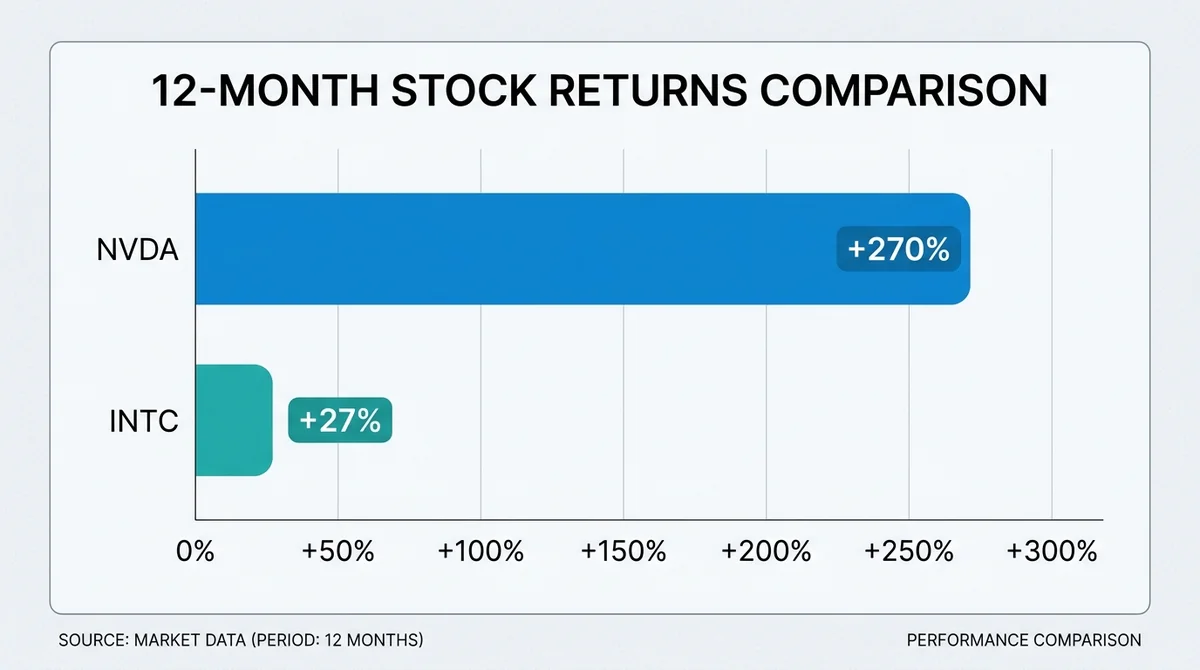 Horizontal bar chart comparing the 12-month stock returns of Intel (INTC) and NVIDIA (NVDA). Intel bar shows +270%, NVIDIA ba
