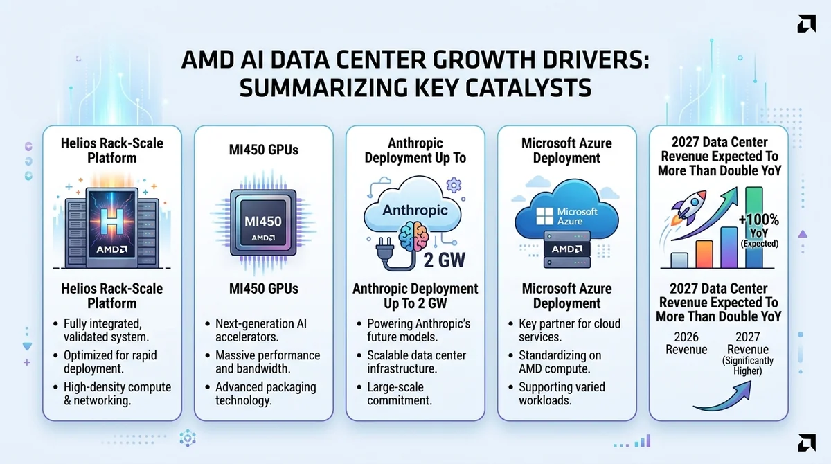 Infographic summarizing AMD's AI data center growth drivers: Helios rack-scale platform, MI450 GPUs, Anthropic deployment up