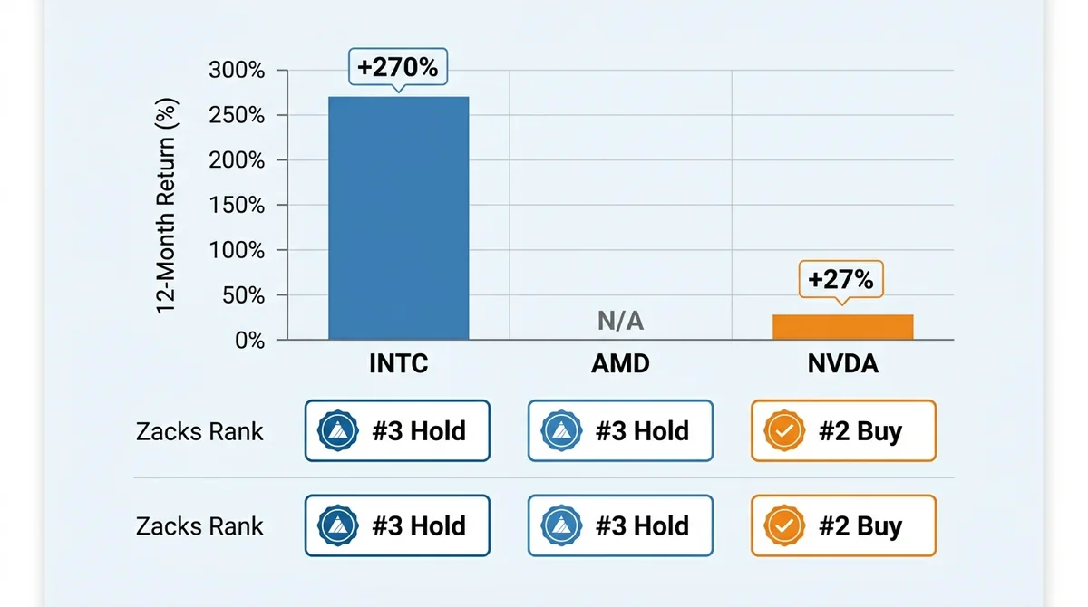 Wide 16:9 horizontal comparison chart, bar chart on top comparing 12-month trailing stock returns: INTC +270% and NVDA +27%,