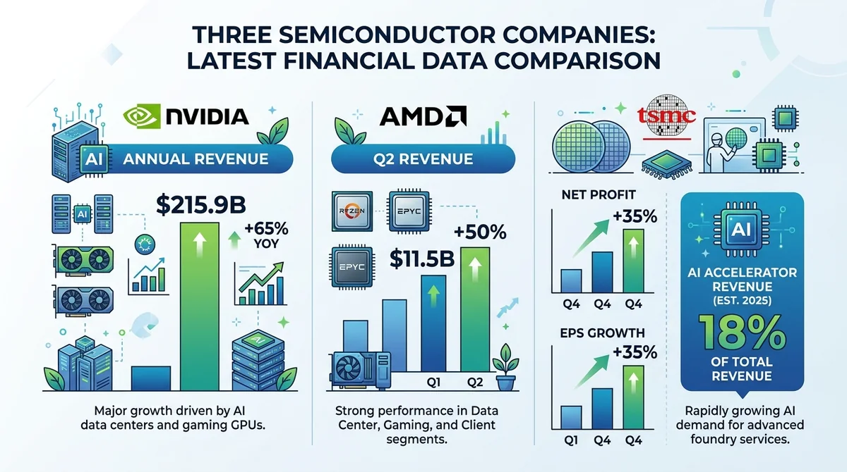 三家芯片公司最新财务数据对比柱状图:Nvidia 年营收 $215.9B(同比 +65%),AMD Q2 营收 $11.5B(+50%),TSMC Q4 净利与 EPS 均 +35%,AI 加速器占 2025 收入 18%