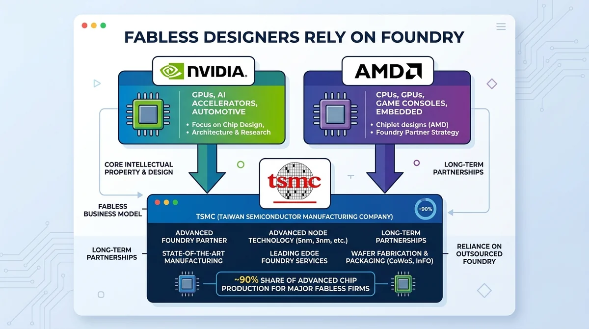 Wide 16:9 horizontal flow diagram, Nvidia and AMD logos at top center, arrows pointing down to TSMC logo at bottom center, il