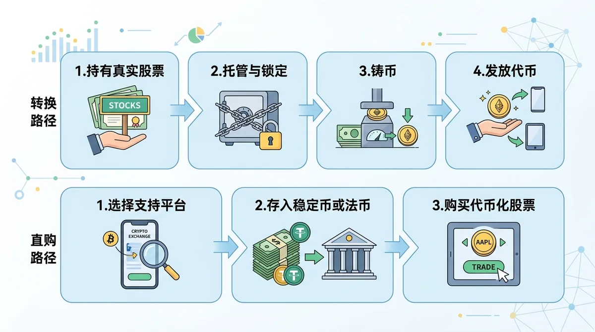 两种持有路径的详细对比流程图:上方为转换路径的四个步骤(1.持有真实股票 → 2.托管与锁定 → 3.铸币 → 4.发放代币),下方为直接买入路径的三个步骤(1.选择支持平台 → 2.存入稳定币或法币 → 3.购买代币化股票),每个步骤配有简单图标