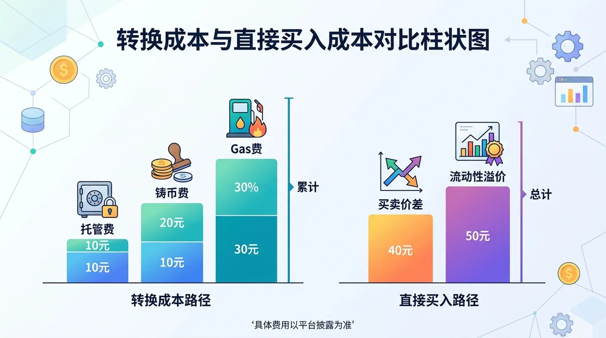 转换成本与直接买入成本对比柱状图:左侧柱形表示转换路径的托管费、铸币费、Gas费;右侧柱形表示直接买入的买卖价差、流动性溢价,并标注'具体费用以平台披露为准'