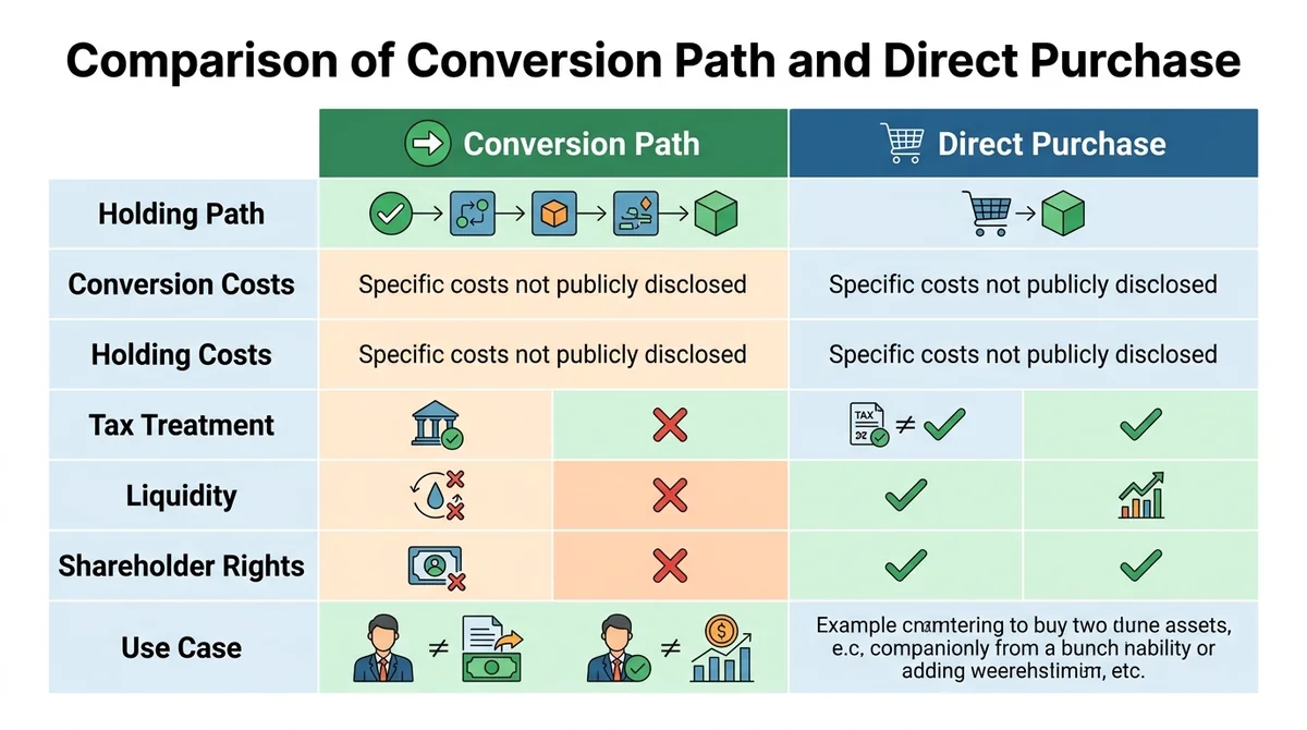 Wide 16:9 horizontal comparison chart. Matrix with two columns: 'Conversion Path' and 'Direct Purchase'. Rows: Holding Path,