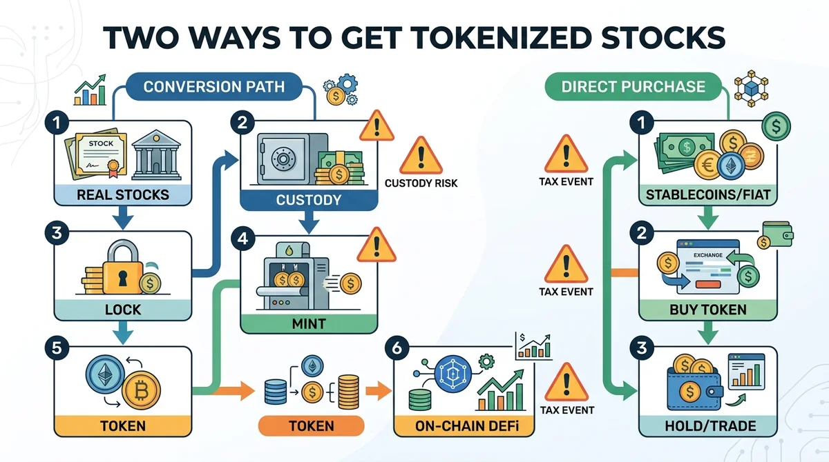 Wide 16:9 horizontal infographic. Two vertical flow paths: left path labeled 'Conversion Path' with steps Real Stocks → Custo