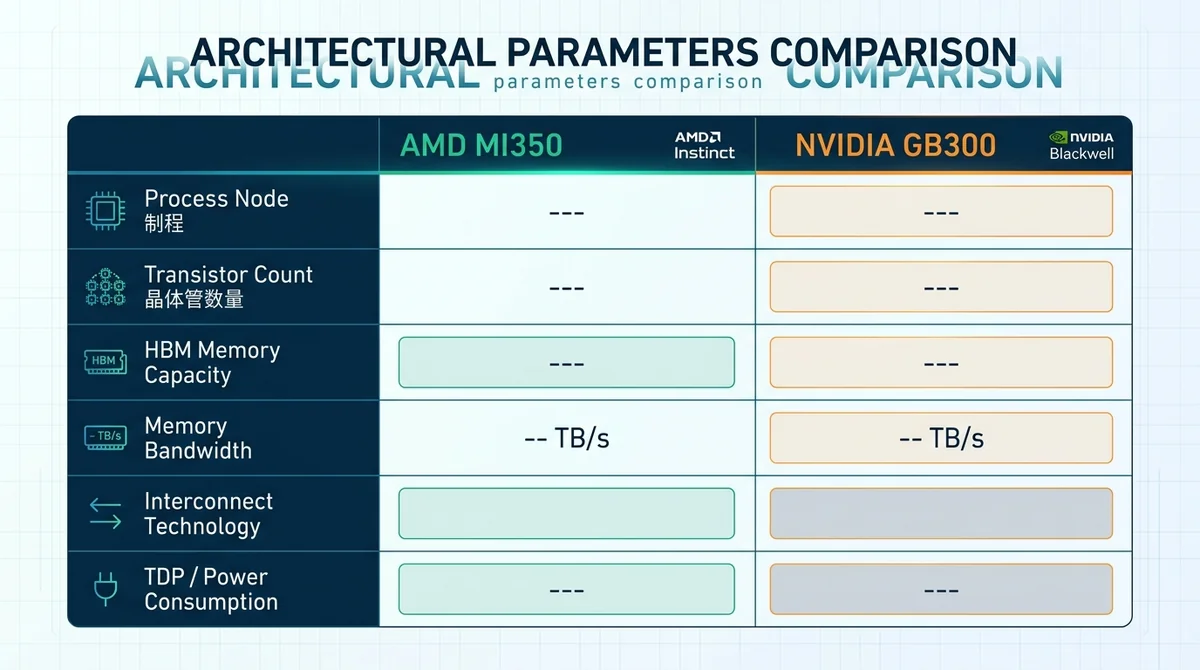 表格形式对比 AMD MI350 与 NVIDIA GB300 的关键架构参数,包括制程、晶体管数量、显存容量与带宽、互联技术、功耗等,具体数据待填入