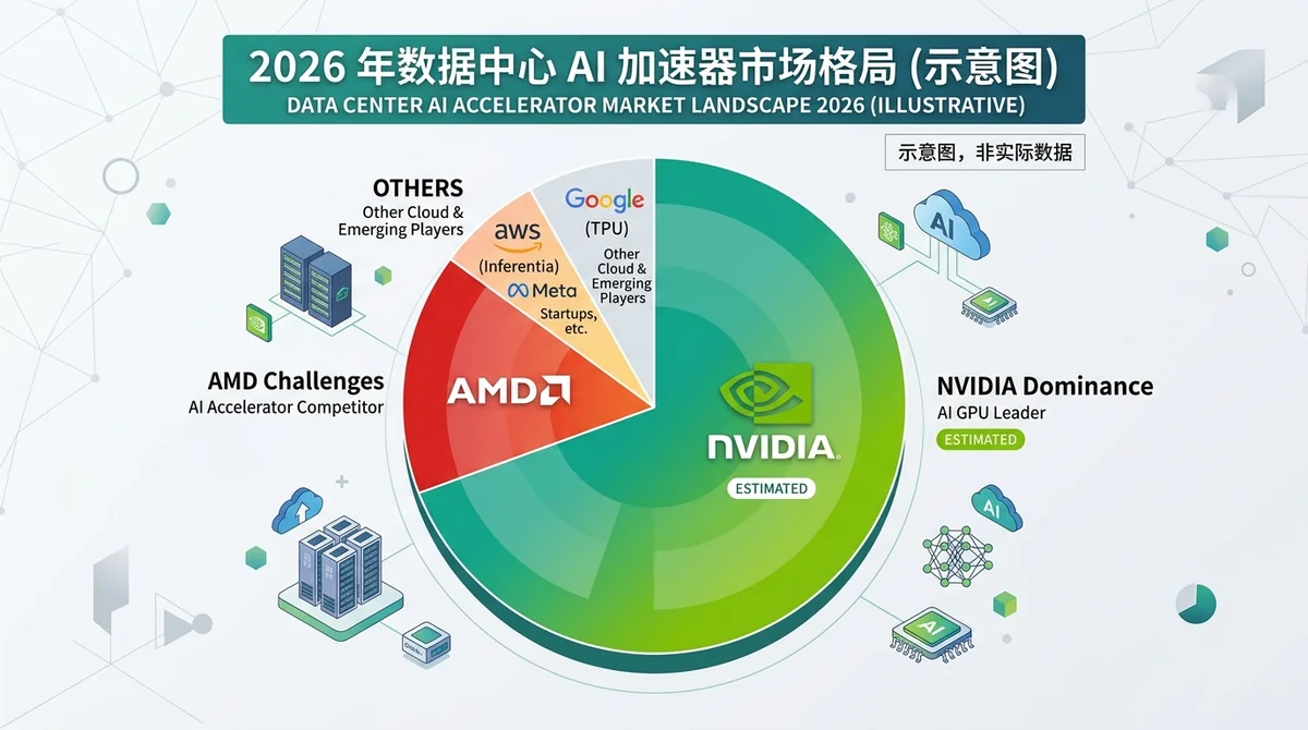 示意图展示 2026 年数据中心 AI 加速器市场格局,用饼图或图标表示 NVIDIA 主导、AMD 挑战的态势,标注'示意图,非实际数据'
