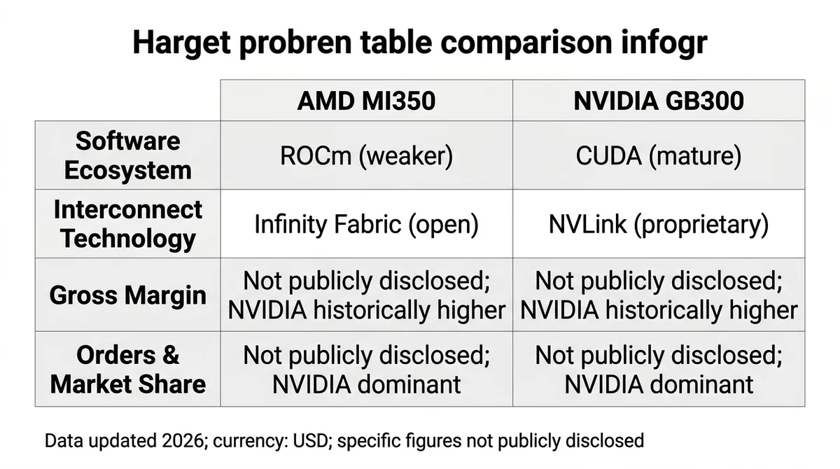 Wide 16:9 horizontal comparison table infographic, two columns labeled 'AMD MI350' and 'NVIDIA GB300', rows: 'Software Ecosys