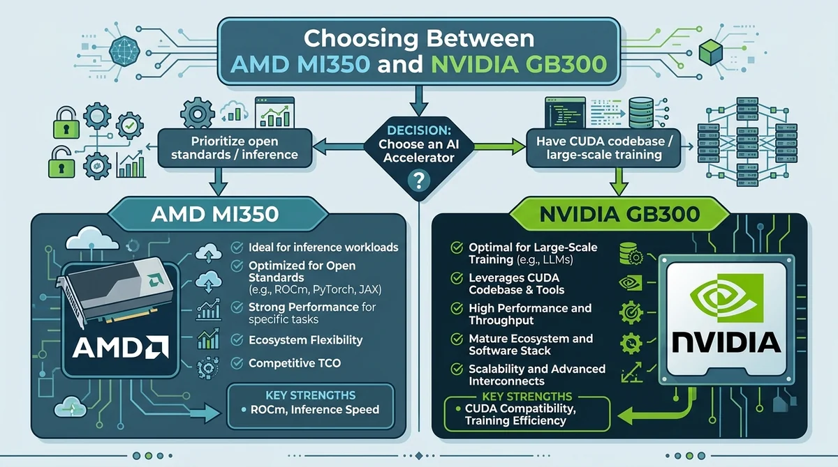 Wide 16:9 horizontal infographic flowchart, central title in English 'Choosing Between AMD MI350 and NVIDIA GB300', two branc
