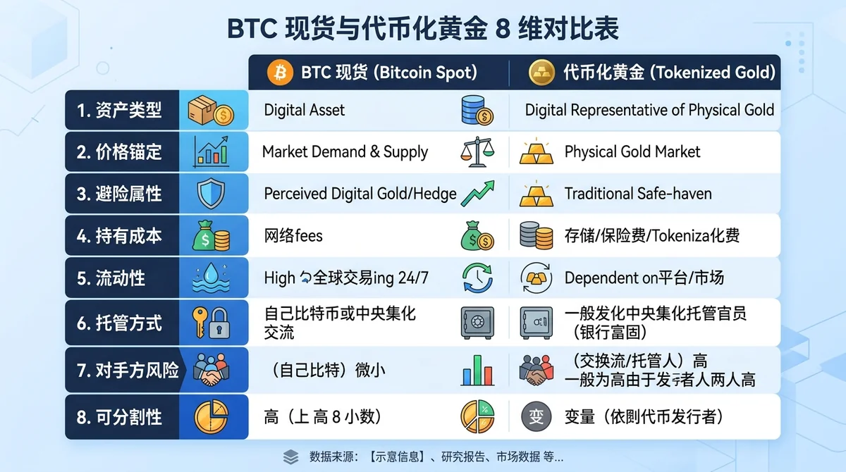 BTC 现货与代币化黄金 8 维对比表:以表格或雷达图形式展示资产类型、价格锚定、避险属性、持有成本、流动性、托管方式、对手方风险、可分割性等 8 个维度的对比,并标注数据来源