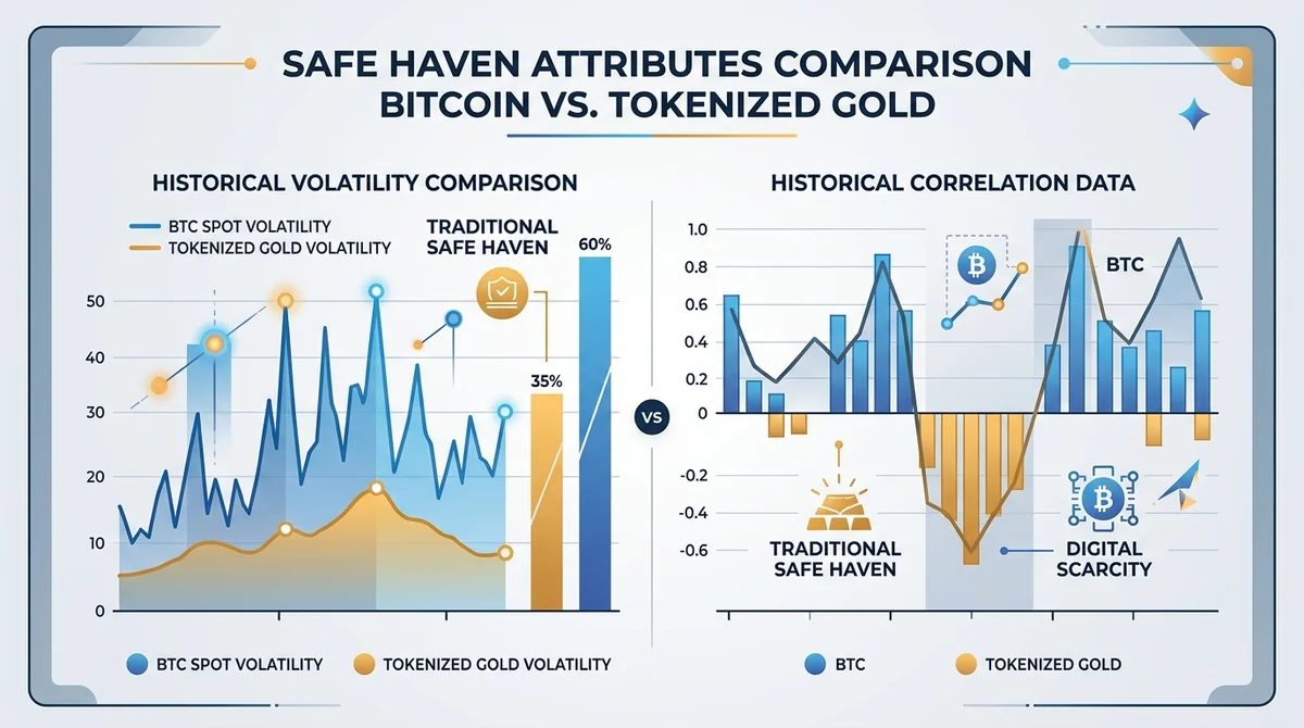 避险属性对比图:以折线图或柱状图展示 BTC 现货与代币化黄金的历史波动率和相关性数据,突出传统避险与数字稀缺性的差异