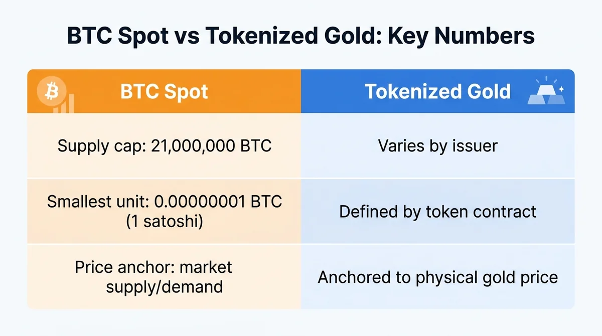 Wide 16:9 horizontal comparison table, title 'BTC Spot vs Tokenized Gold: Key Numbers' in bold English, two columns labeled '