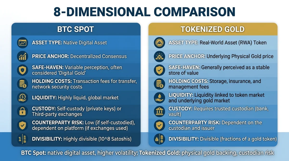 Wide 16:9 horizontal infographic, title '8-Dimensional Comparison' in bold English, two columns or cards for 'BTC Spot' and '