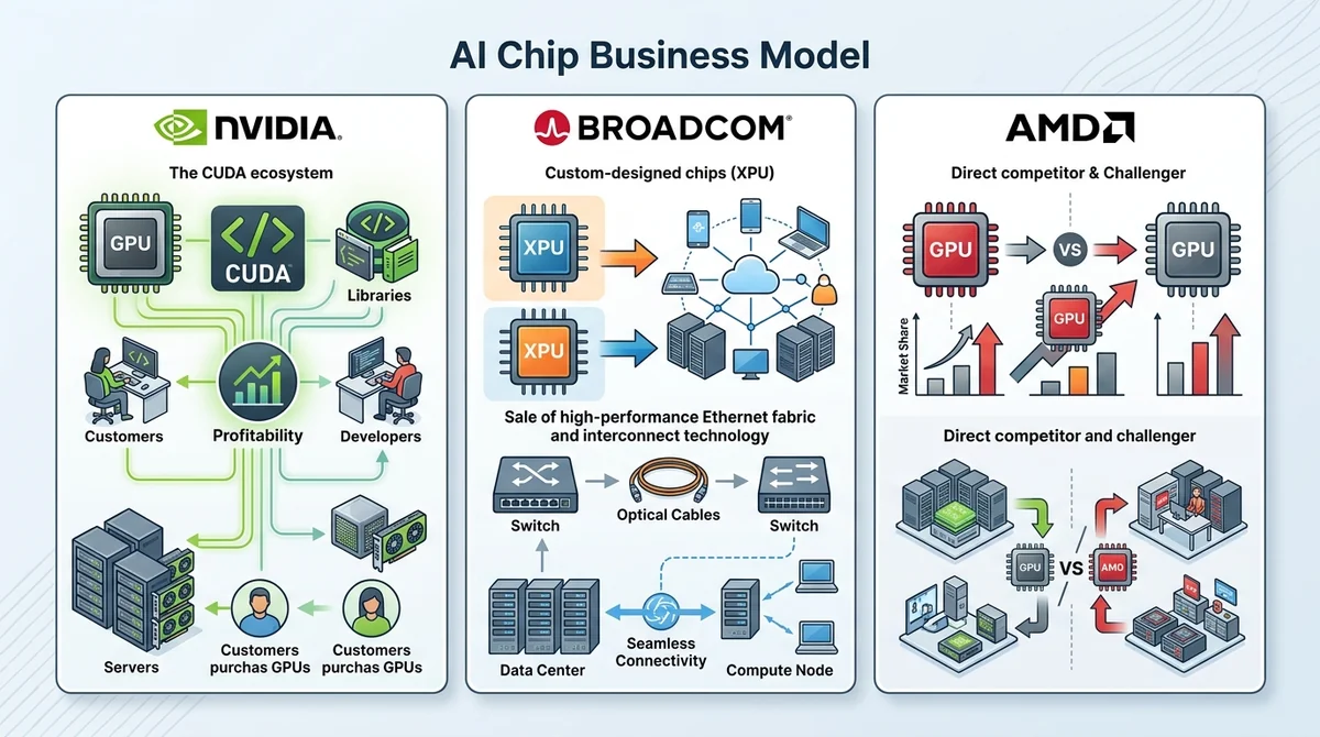 三家公司 AI 芯片商业模式对比图:Nvidia 通过商户 GPU 和 CUDA 生态盈利;Broadcom 设计定制 XPU 并销售以太网结构;AMD 作为 GPU 挑战者直接竞争