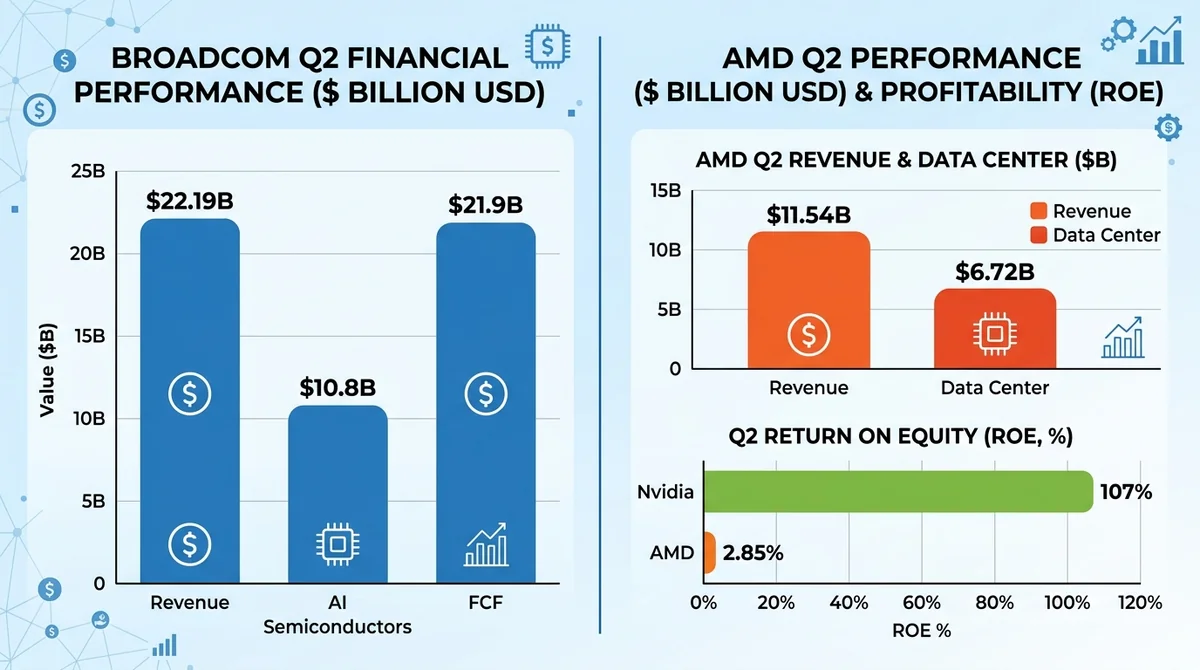 财务数据对比柱状图:Broadcom Q2 营收 $22.19B、AI 半导体 $10.8B、FCF $21.9B;AMD Q2 营收 $11.54B、数据中心 $6.72B;Nvidia ROE 107%,AMD ROE 2.85%