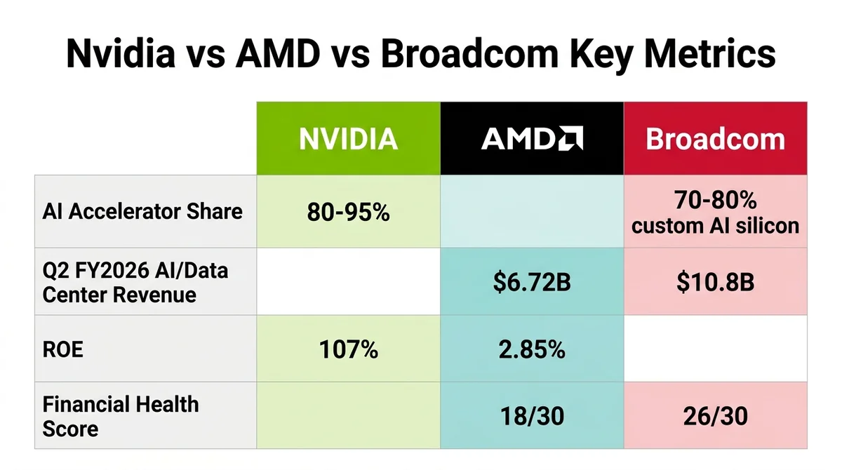 Wide 16:9 horizontal comparison table infographic with three columns: NVIDIA, AMD, Broadcom. Rows: 'AI Accelerator Share' (NV