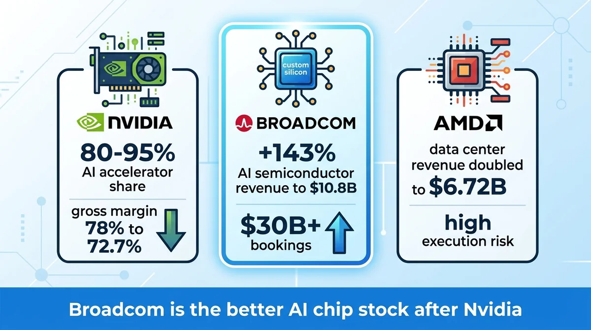 Wide 16:9 horizontal infographic with three icon-based panels for NVIDIA, AMD, Broadcom. NVIDIA panel: '80-95% AI accelerator