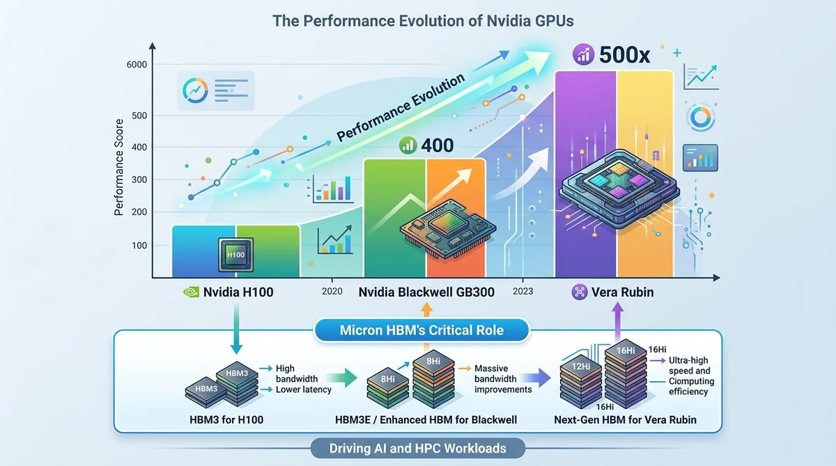 Nvidia GPU 性能演进柱状图:对比 H100、Blackwell GB300 和 Vera Rubin 的性能提升(50x),以及 Micron HBM 的关键作用,标注关键数据。