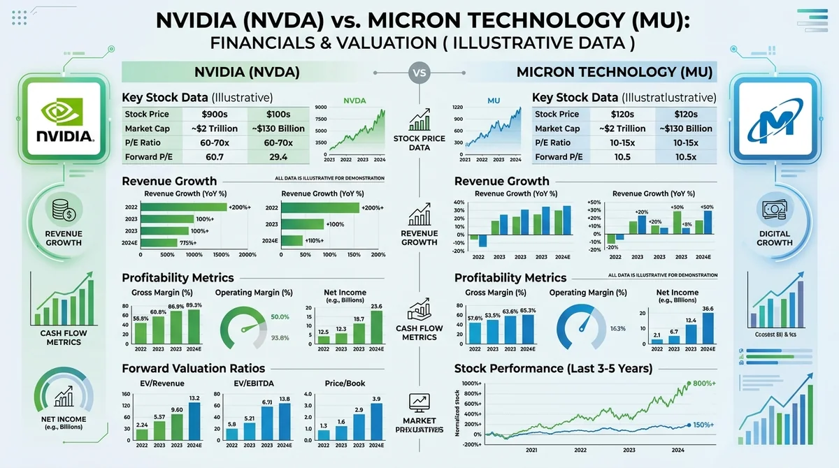Nvidia 与 Micron 股票估值和财务指标对比图表(示意,需要具体数据),展示营收增长、市盈率、股价表现等。