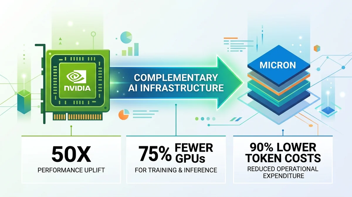 Wide 16:9 horizontal infographic, main content centered and filling frame, left side green Nvidia GPU icon, right side blue M