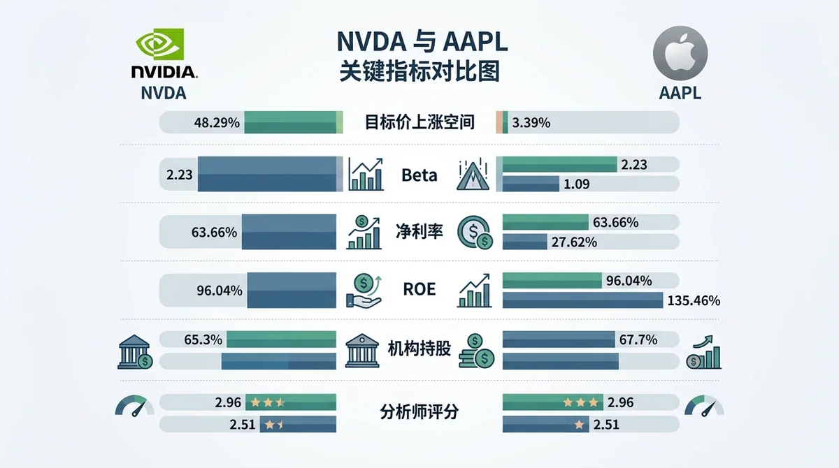 NVDA 与 AAPL 关键指标对比图:目标价上涨空间(48.29% vs 3.39%)、Beta(2.23 vs 1.09)、净利率(63.66% vs 27.62%)、ROE(96.04% vs 135.46%)、机构持股(65.3% vs 67