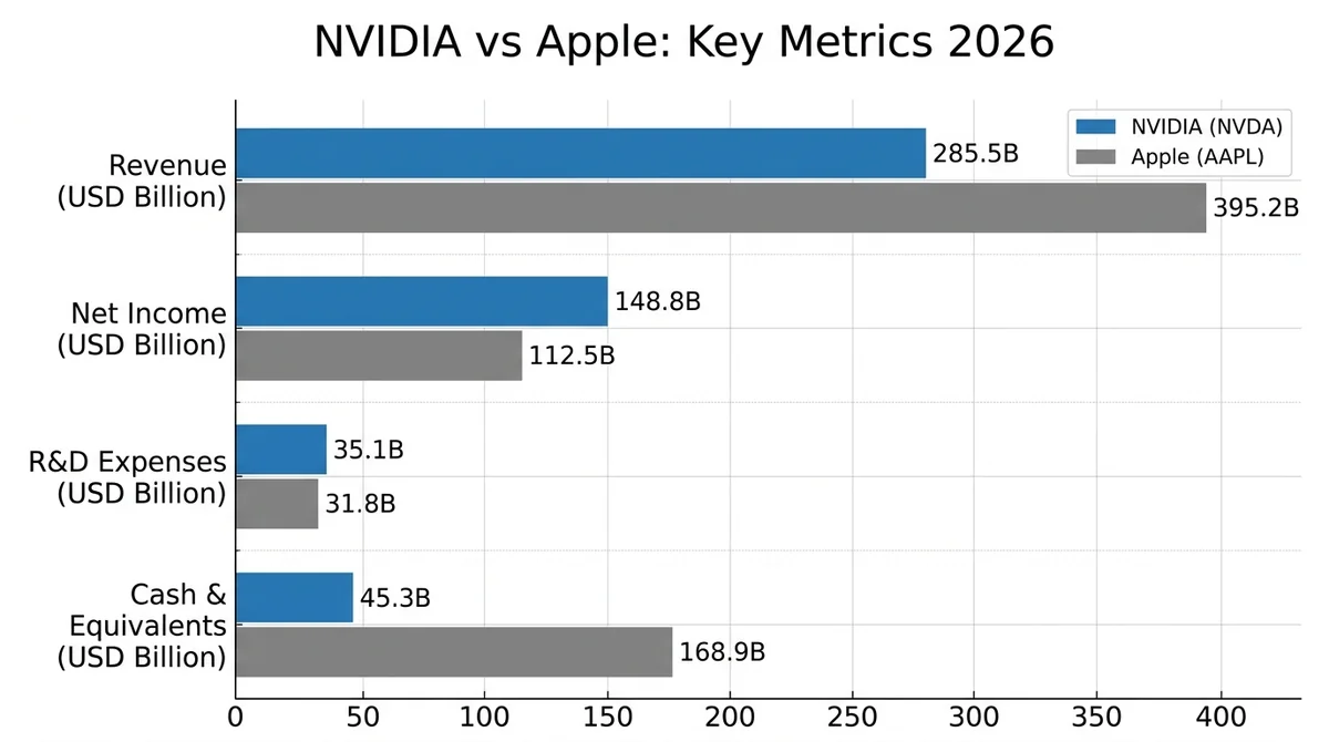 Wide 16:9 horizontal grouped bar chart comparing NVIDIA (NVDA) and Apple (AAPL) on four financial metrics, blue bars for NVDA