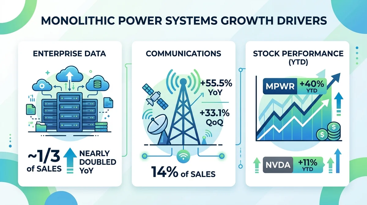 Wide 16:9 horizontal infographic with three icon-based sections highlighting Monolithic Power Systems growth drivers, section