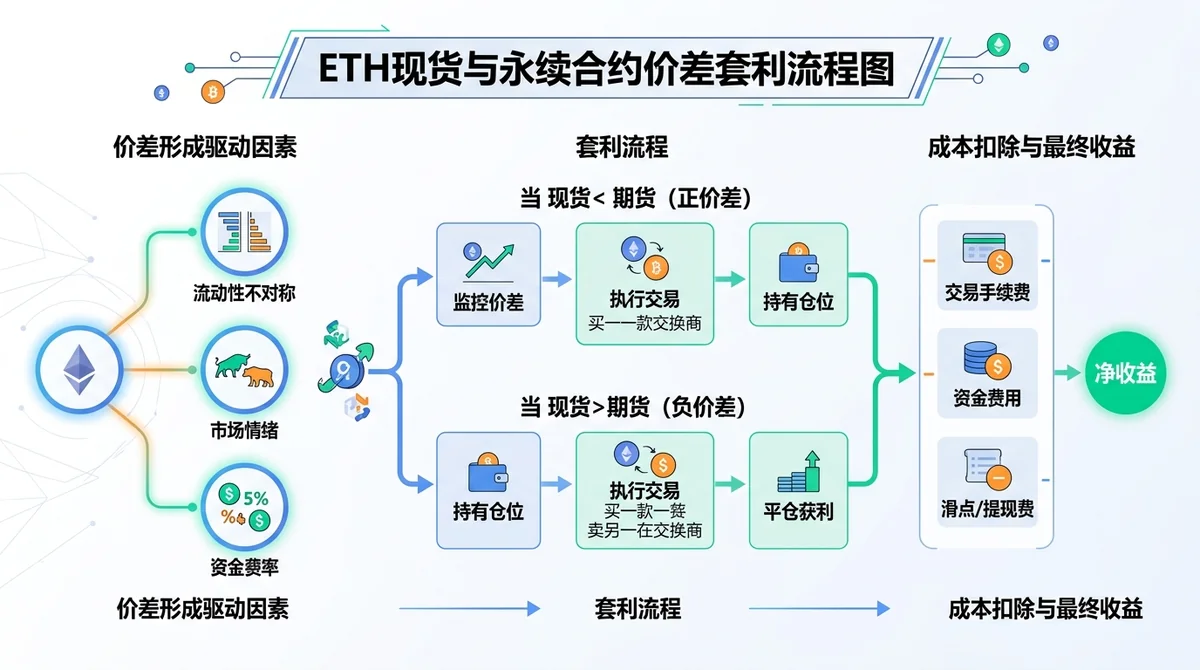 ETH现货与永续合约价差套利流程图:展示价差形成驱动因素(流动性不对称、市场情绪、资金费率),以及买入低估侧、卖出高估侧的套利步骤和成本扣除