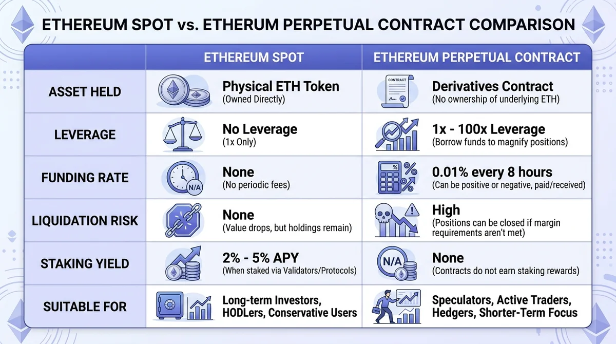 Wide 16:9 horizontal comparison table infographic, two columns labeled 'Ethereum Spot' and 'Ethereum Perpetual Contract', row