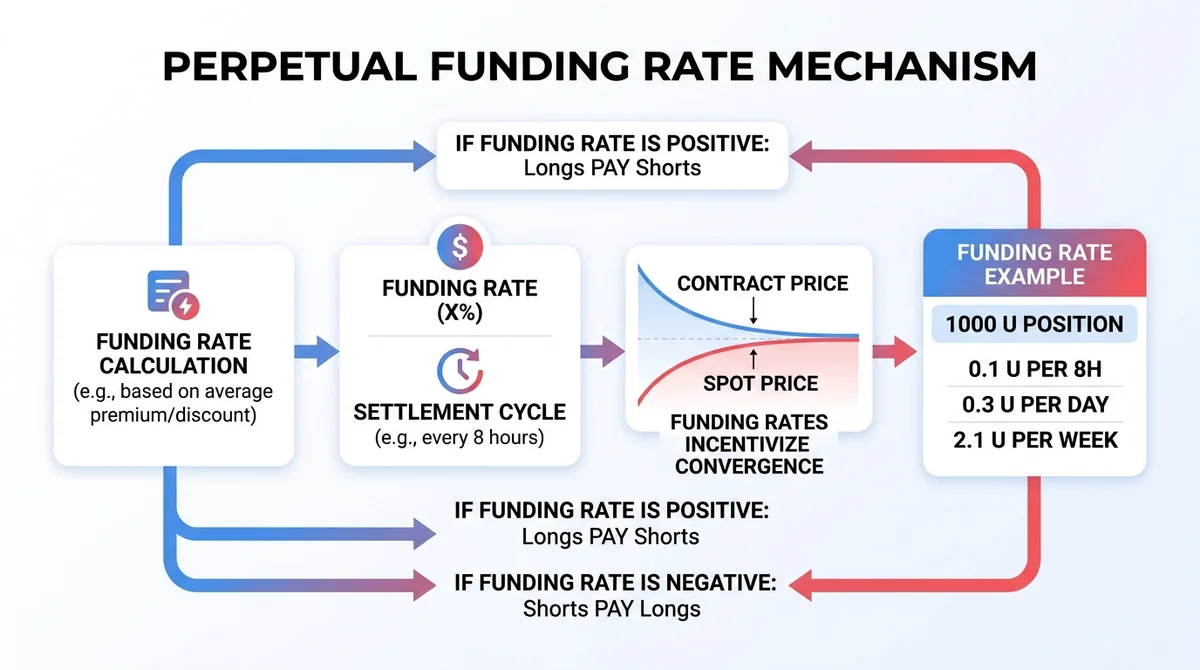 Wide 16:9 horizontal infographic, central flow diagram showing funding rate settlement cycle, arrows from contract price to s