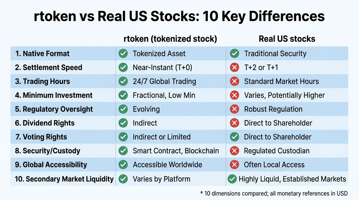 Wide 16:9 horizontal comparison table infographic, two columns labeled 'rtoken (tokenized stock)' and 'Real US stocks', 10 ro