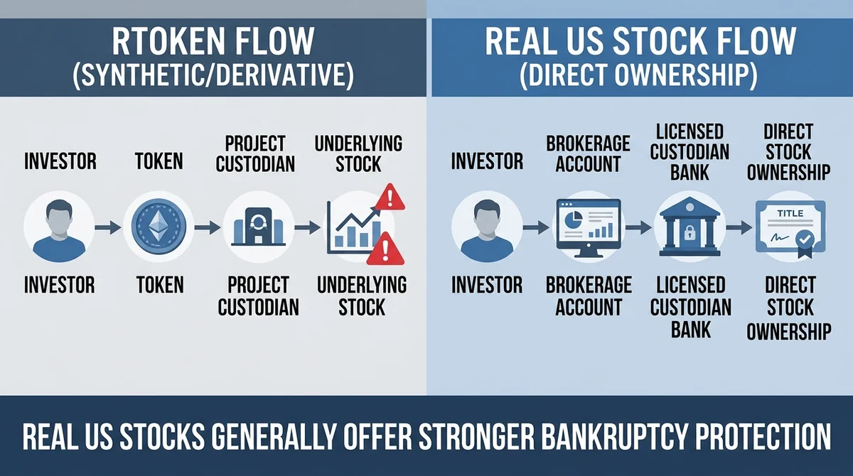 Wide 16:9 horizontal infographic, left panel shows rtoken flow: investor -> token -> project custodian -> underlying stock (w