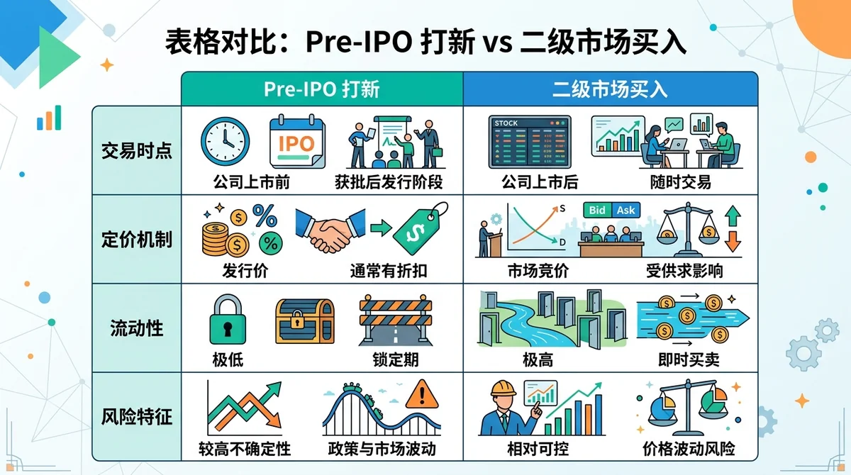 表格对比:Pre-IPO 打新 vs 二级市场买入,行包括交易时点、定价机制、流动性、风险特征,每格用简短文字说明