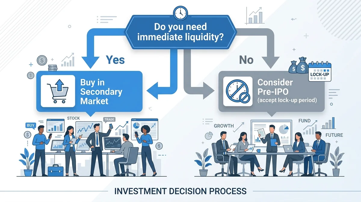 Wide 16:9 horizontal infographic, decision flowchart starting with English question 'Do you need immediate liquidity?', left