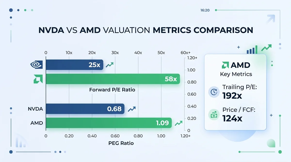NVDA 与 AMD 估值指标对比柱状图,包括 Forward P/E(25x vs 58x)和 PEG 比率(0.68 vs 1.09),并标注 AMD 的 Trailing P/E 192 和 P/FCF 124