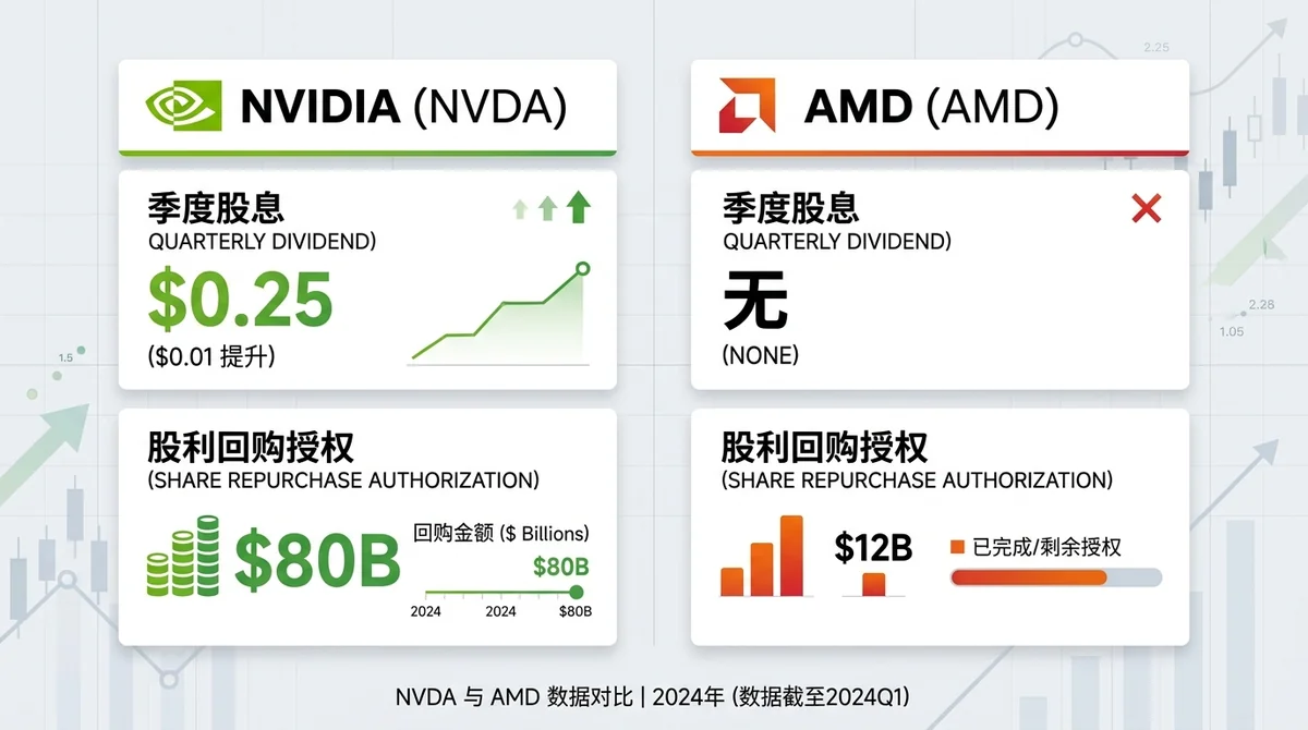 NVDA 与 AMD 股息与回购对比图,左侧 NVIDIA 显示季度股息 $0.25(从 $0.01 提升)和 $80B 回购授权,右侧 AMD 显示无股息