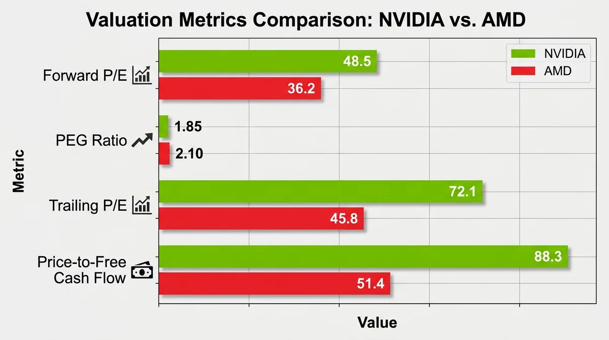 Wide 16:9 horizontal bar chart comparing NVIDIA vs AMD valuation metrics, grouped bars for forward P/E, PEG ratio, trailing P