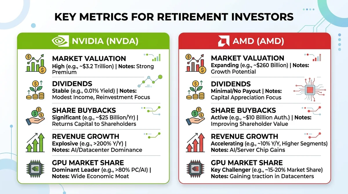 Wide 16:9 horizontal infographic, side-by-side NVIDIA vs AMD comparison cards with icons for valuation, dividends, buybacks,