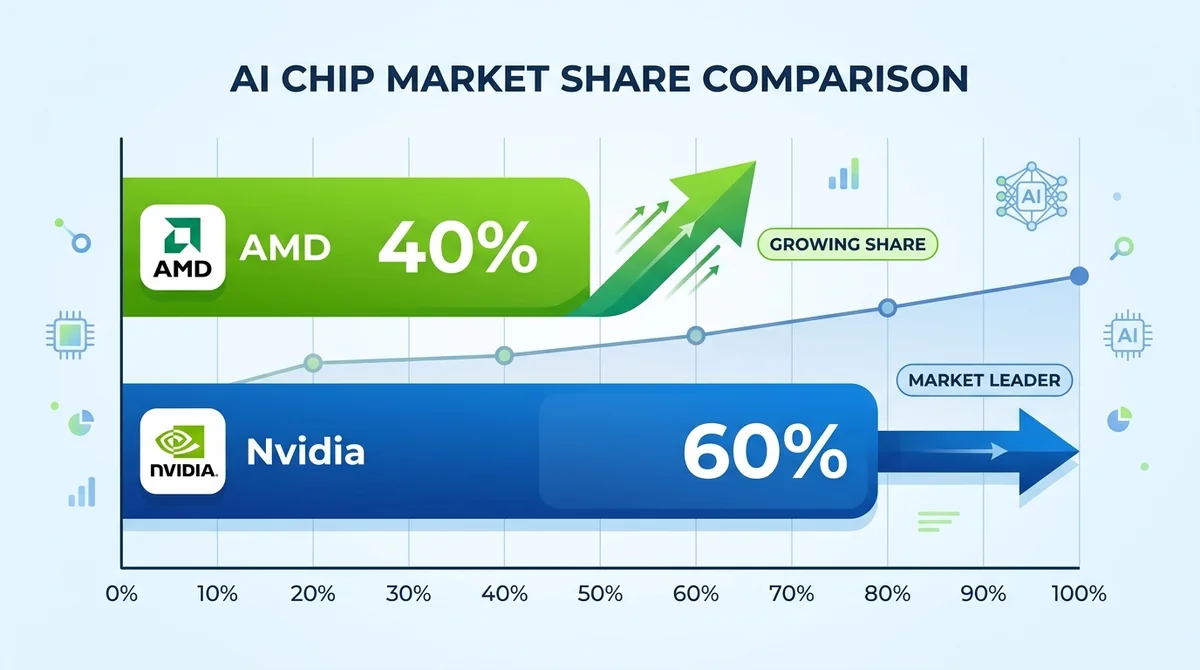 AMD 与 Nvidia 在 AI 芯片市场的份额对比柱状图,标注各自的市场份额百分比,突出 Nvidia 领先但 AMD 正在追赶
