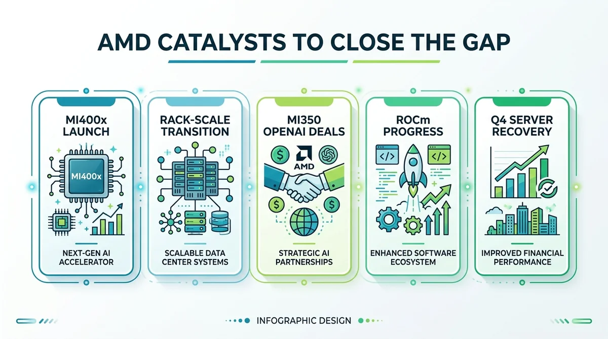 Wide 16:9 horizontal infographic, central English title 'AMD Catalysts to Close the Gap', five icon-based cards arranged in a