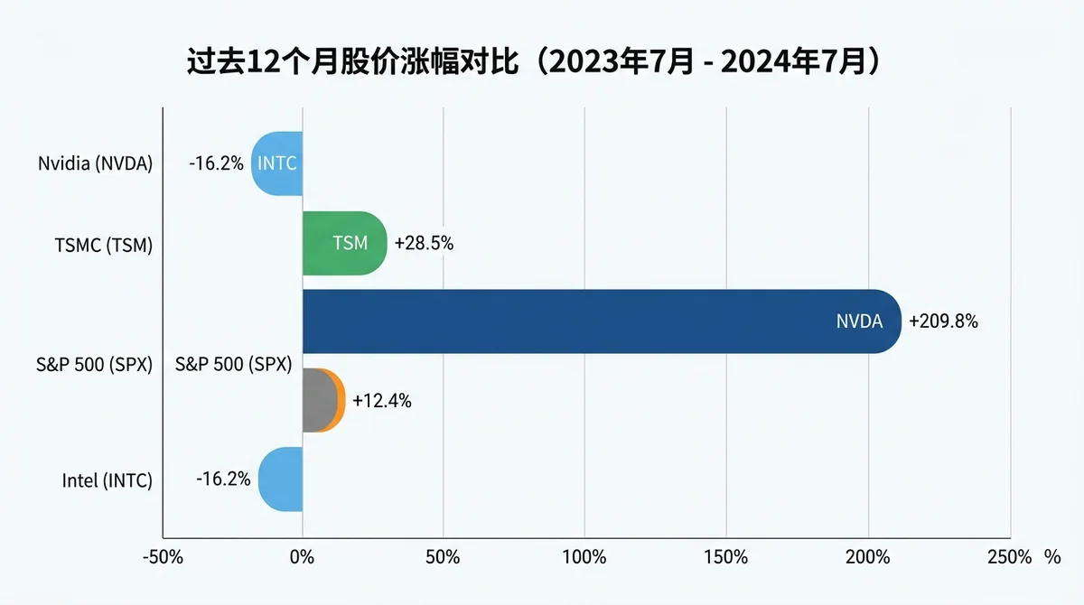 过去12个月股价涨幅对比柱状图,比较 Intel、TSMC、Nvidia 和 S&P 500 表现