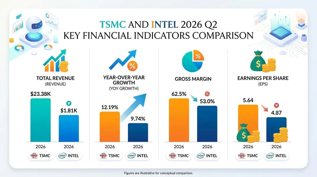 TSMC 与 Intel 2026年Q2关键财务指标对比,包括收入、同比增长、毛利率和每股收益