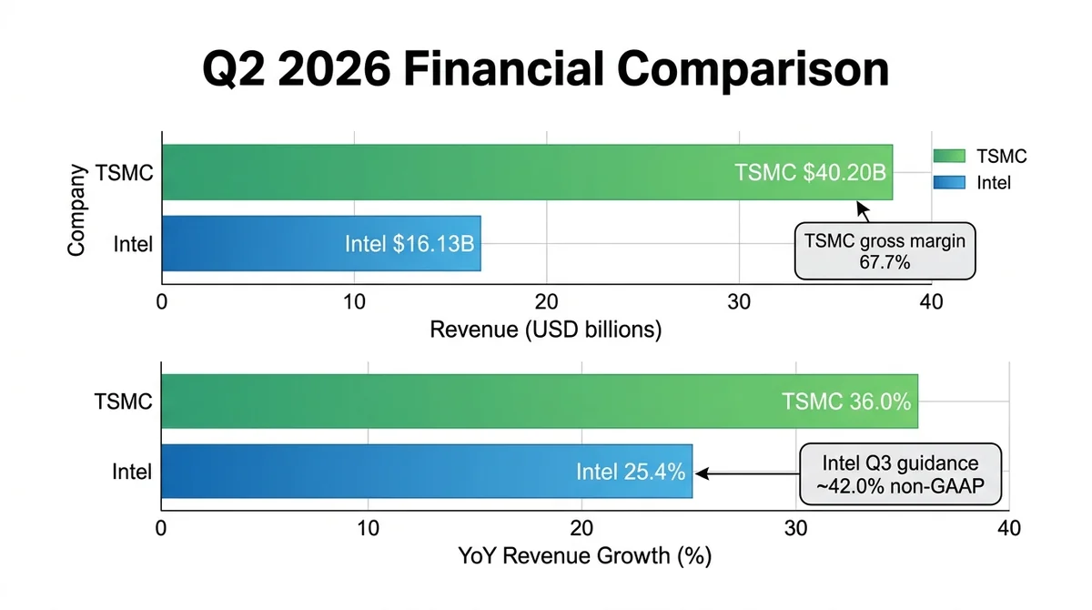Wide 16:9 horizontal grouped bar chart. Main subject centered: two bars for Q2 2026 revenue (USD billions) labeled 'TSMC $40.