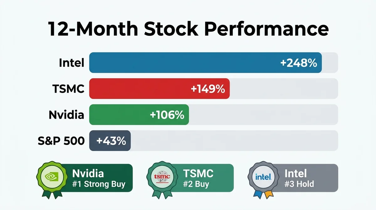 Wide 16:9 horizontal infographic. Main subject centered: four horizontal bars showing 12-month returns, labeled 'Intel +248%'