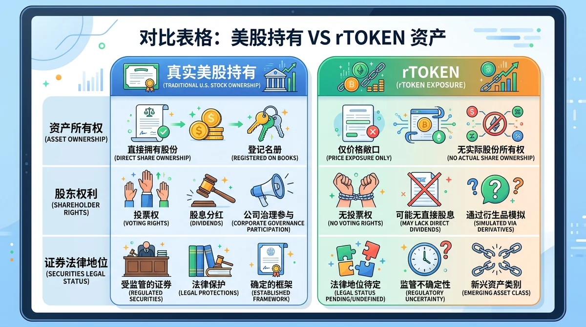 对比表格:真实美股持有资产所有权、股东权利、证券法律地位;rtoken 仅价格敞口、无所有权、法律地位待定。左右两栏对比,关键差异用颜色高亮。