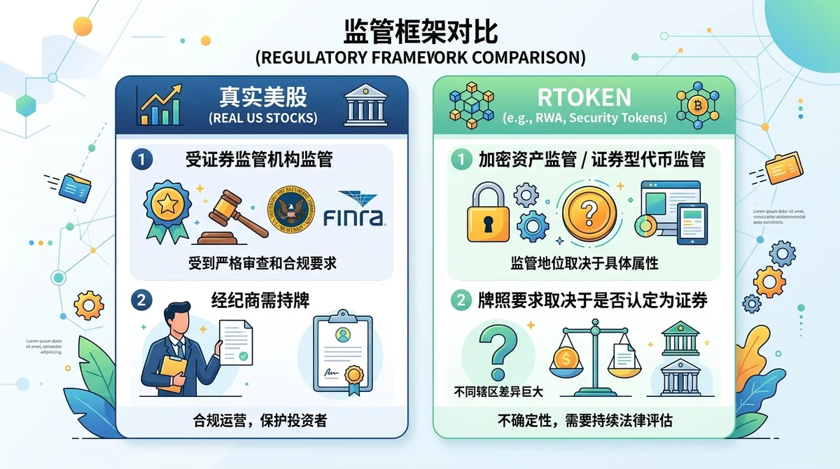 监管框架对比:真实美股受证券监管机构(SEC/FINRA)监管,经纪商需持牌;rtoken 可能受加密资产监管或证券型代币监管,牌照要求取决于是否被认定为证券,不同辖区差异大。用两栏流程图或表格展示。