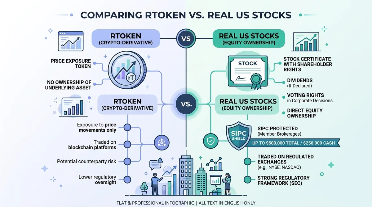 Wide 16:9 horizontal infographic, central flowchart comparing rtoken and real US stocks: left side price exposure token with