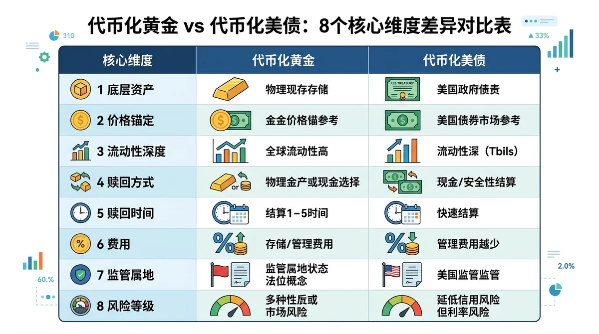 代币化黄金与代币化美债在 8 个核心维度的差异对比表,包括底层资产、价格锚定、流动性深度、赎回方式、赎回时间、费用、监管属地、风险等级。