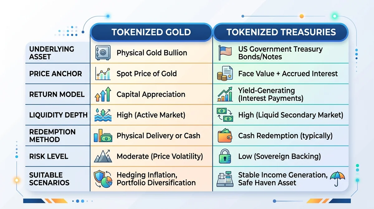 Wide 16:9 horizontal comparison table infographic, two columns labeled 'Tokenized Gold' and 'Tokenized Treasuries', rows for